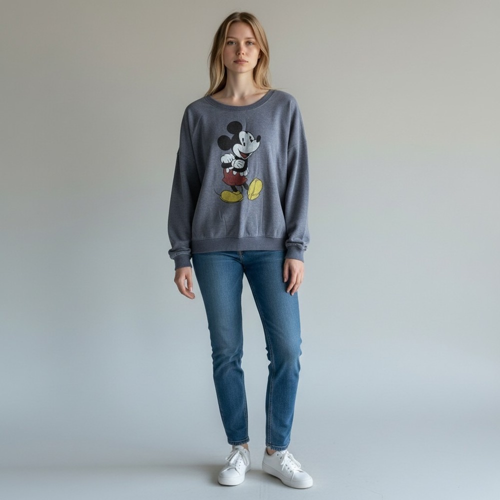 Disney Mickey Mouse Relaxed Fit Pullover Retro Heather Blue Gray XL